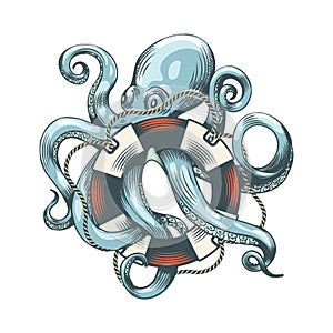 Cartoon octopus with life buoy photo