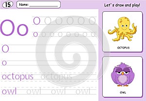 Cartoon octopus and owl. Alphabet tracing worksheet