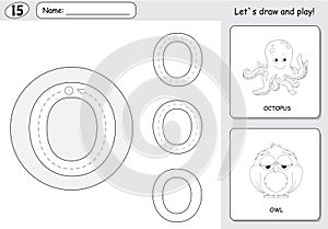 Cartoon octopus and owl. Alphabet tracing worksheet: writing A-Z and educational game for kids