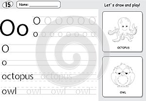 Cartoon octopus and owl. Alphabet tracing worksheet: writing A-Z and educational game for kids