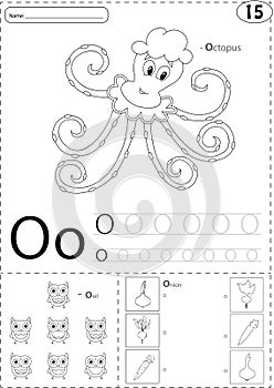 Cartoon octopus, owl and onion. Alphabet tracing worksheet: writ