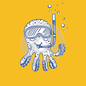Cartoon octopus with snorkeling mask and snorkel