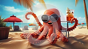 cartoon octopus on a sunbed on the beach drinks a cocktail