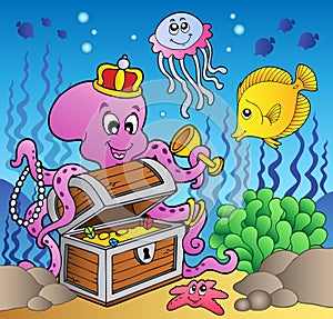 Cartoon octopus on treasure chest