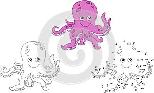 Cartoon octopus. Vector illustration. Coloring and dot to dot photo