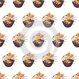 cartoon oden, japanese food seamless pattern on colorful background
