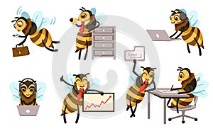 Cartoon office bees. Busy bee mascot for customer service or support. Honey bee with laptop computer vector illustration