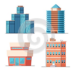 Cartoon office city buildings, modern skyscrapers, towers and houses with apartments. Business town architecture