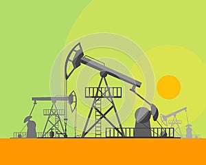 Cartoon Oil Derrick at Sunset Background. Vector