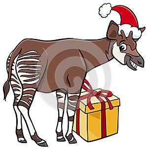 Cartoon okapi animal character with gift on Christmas time