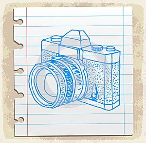 Cartoon old camera on paper note, vector illustration