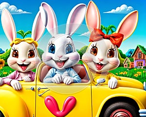 Cartoon old car bunny rabbit creature smile friendly big eyes travel