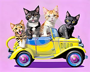 Cartoon old car comic jalopy smile kitty cat road trip passenger