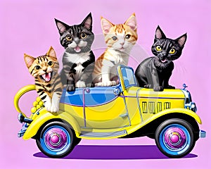 Cartoon old car comic jalopy smile kitty cat road trip passenger photo