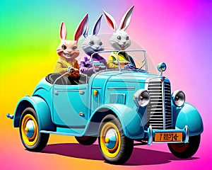 Cartoon old car comic smiling bunny rabbit pet child play toy