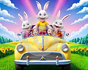 Cartoon old car convertible bunny rabbit family smile sunset travel smiling face