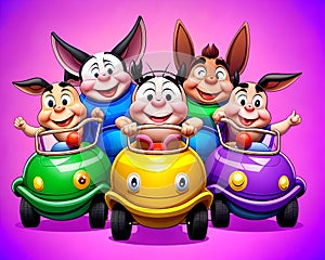Cartoon old car creature donkey pig smiling auto car fun group travel