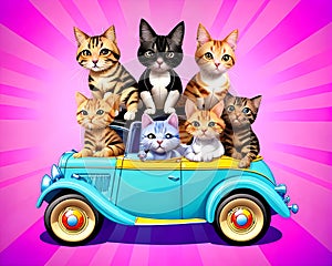 Cartoon old car feline family smile sun ray pop art color