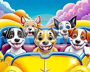 Cartoon old car jalopy puppy dog family road trip travel smile big eyes photo