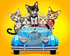 Cartoon old car load comic smile kitty cat family road travel fun