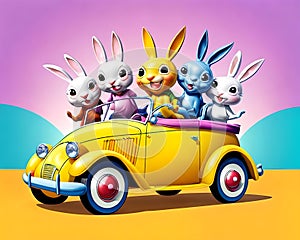 Cartoon old car load convertible bunny rabbit comic happy smile