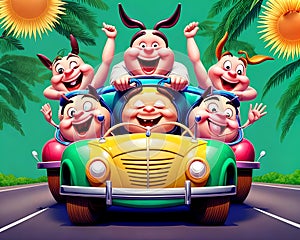 Cartoon old car load donkey pig creature smile fun highway auto transportation