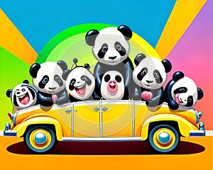 Cartoon old classic car load comic smile panda bear family travel