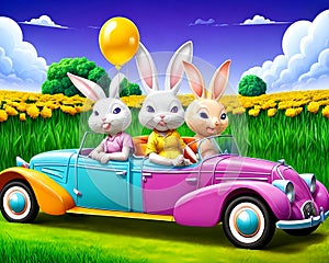 Cartoon old clown car bunny rabbit driver smile flower blossom field