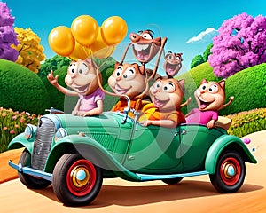 Cartoon old jalopy car creature smile highway travel fun balloon party celebration