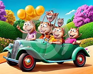 Cartoon old jalopy car creature smile highway travel fun balloon party celebration photo