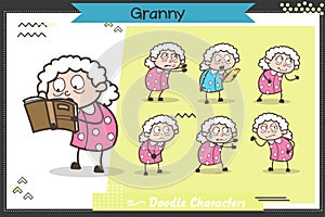 Cartoon Old Lady Characters Many Expressions and Poses Set Vector Illustration