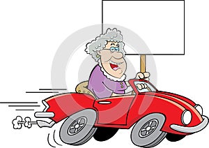 Cartoon old lady driving a sports car and holding a sign.