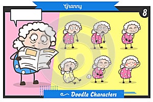 Cartoon Old Lady Face Expressions and Poses Vector Set