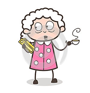 Cartoon Old Lady Holding a Book and Drinking a Hot Coffee Vector Illustration