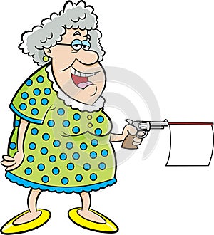 Cartoon old lady shooting a gun with message.