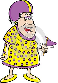 Cartoon old lady wearing a football helmet while holding a pennant. photo