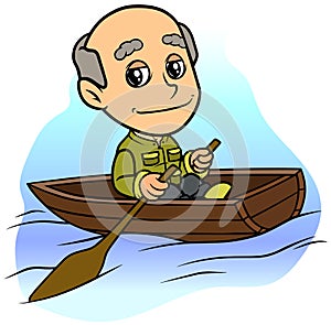 Cartoon old man character in wooden brown rowboat