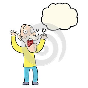 cartoon old man getting a fright with thought bubble