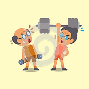 Cartoon old man and old woman doing weight training
