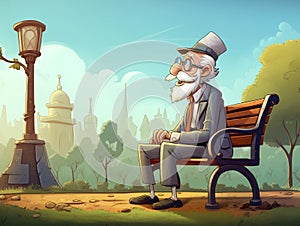 cartoon of old man wear suit and eyeglasses and hat sit on chair in the public park, illustration, generative ai