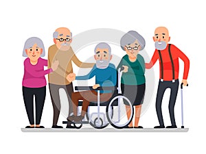 Cartoon old people. Happy aged citizens, disabled senior on wheelchair and elderly citizen with a cane cartoon vector