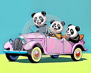 Cartoon old pink car roadster creature smiling panda bear toy