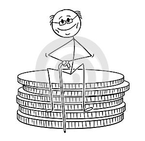 Cartoon of Old Retired Pensioner or Retiree Man Sitting on Small Stack of Coins