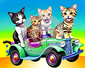 Cartoon old retro vintage green car comic smile happy kitty cat family