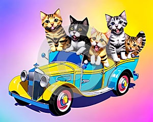 Cartoon old roadster car jalopy feline pet smile fun travel