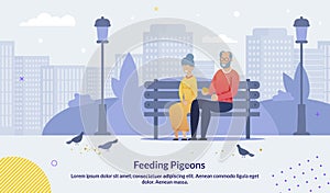 Cartoon Old Senior Couple Feeding Pigeons Poster