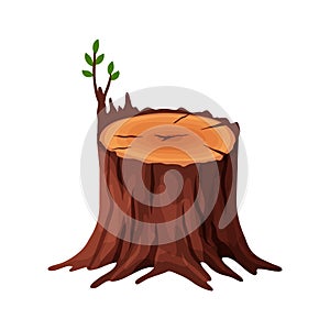 Cartoon old tree stump with cracks and roots isolated on white background. Tree stump vector illustration