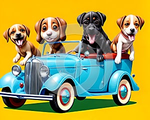Cartoon old vintage car jalopy comic smile happy puppy dog travel