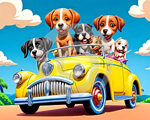 Cartoon old vintage yellow car load comic smile alert puppy dog fun