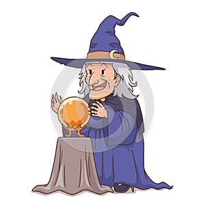 Cartoon old witch looking at crystal ball.